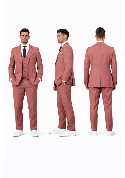 Fabio Cassel Slim Fit Mono Yaka Çift Yırtmaçlı Astarlı Takım Elbise Yelekli Kiremit