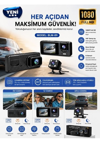 Wi-fi App Destekli 1080p 3 Kameralı Araç İçi Araba Kamerası Gece Görüşü & 140 Geniş Açı Dvr