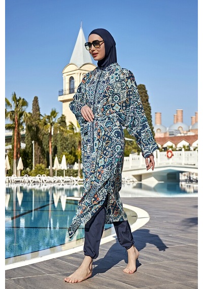 Remsa Mayo Remsa Tesettür Mayo Üzerine Tek Kaftan Kimono Pareo Rp011 İznik Lacivert