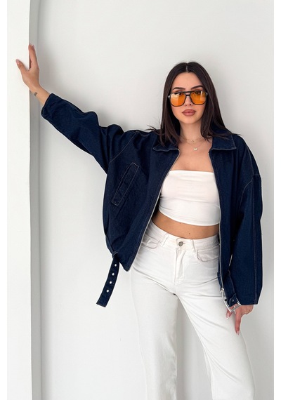 Öner Kadın Kemer Detaylı Kot Ceket Oversize Fermuarlı Denim Ceket Lacivert Mavi Mavi