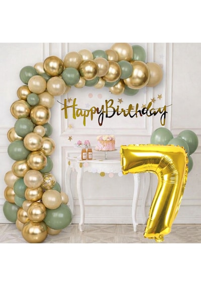 7 Yaş Pompa Hediyeli Doğum Günü Seti Gold Banner Krom Gold Küf Yeşili Kum Beji Balonlar Gold Folyo Rakam Çok Renkli