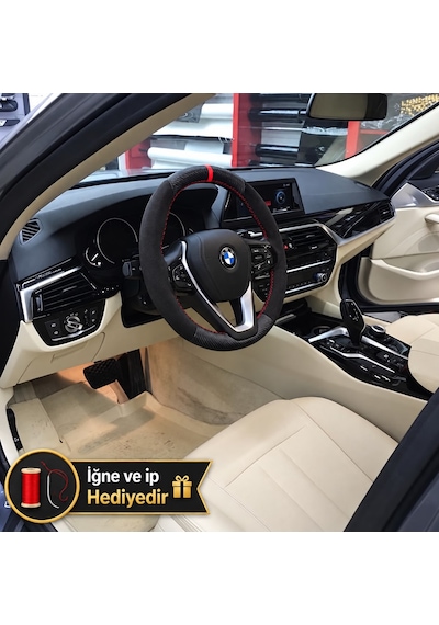 Bmw G11 G12 Dikme Direksiyon Kılıfı Alcantara Süet Mat Karbon Kırmızı Yüzük Ve Dikiş 2015-2022 Siyah