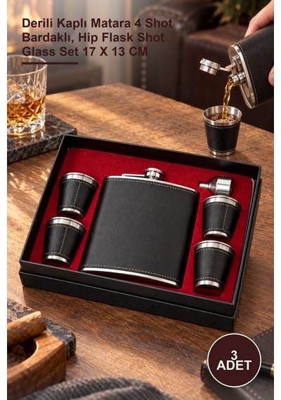 3 Adet Matara Seti Derili Kaplı Matara 4 Shot Bardaklı, Hip Flask Shot Glass Set 17 X 13 Cm