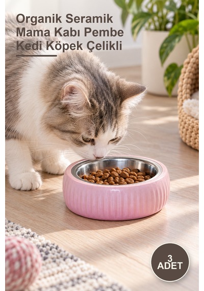 3 Adet Organik Seramik Mama Kabı Pembe Kedi Köpek Çelikli