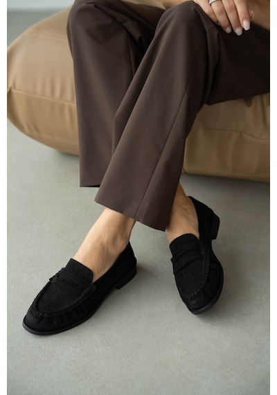 Selin Shoes Lurein Büzgülü Hafif Kalın Topuk Kadın Loafer- Siyah Süet