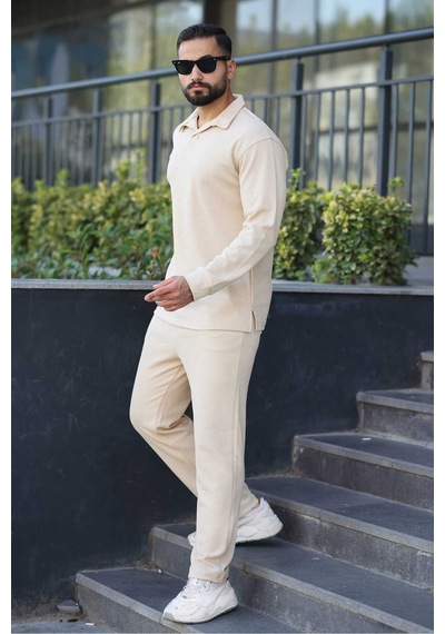 Mfz Giyim Petekli Alt Üst Pantolon Ve Patlı Yakalı Erkrk Sweat Takımı Bej