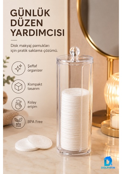 Kapaklı Şeffaf Makyaj Pamukluğu Disk Pamuk Saklama Kutusu 7x7x20 Cm
