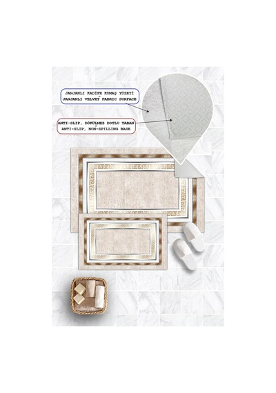 Dijital Baskı Çerçeve Desenli Kaymaz Taban 2li Set Banyo Paspası Klozet Takımı 50x60cm-60x100cm krem