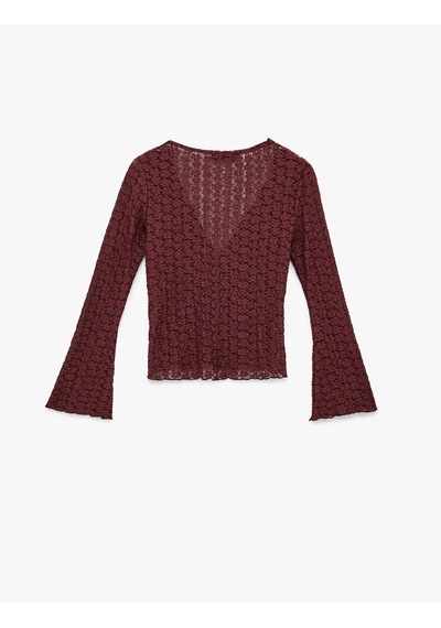 Koton Slim Fit Uzun İspanyol Kollu V Yaka Dantel Tişört Bordo 6wak50287ek Bordo
