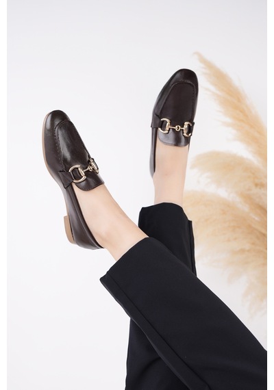 Muggo Stride Metal Tokalı Kadın Günlük Loafer Ayakkabı Kahverengi