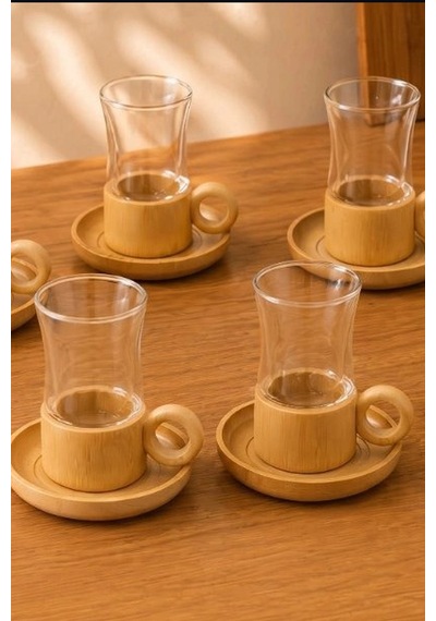 Cift Cidarli 150 Ml 6 Adet Cam Cay Bardagi Ve 6 Adet Bambu Altlik Seti Bx-313777 Renkli
