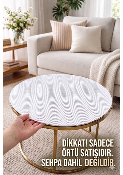 Dekoratif Yuvarlak Beyaz Sehpa Masa Örtüsü Pvc, Dantel Desen, Paralel Çizgili