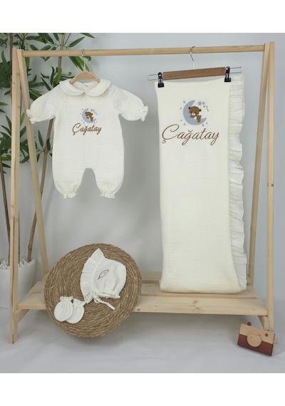 Gros Shop Müslin Yeni Doğan 4katlı Organik %100pamuk Kişiye Özgü Nakışlı Hastane Çıkış Seti Ayıcık Model 4 Ekru-2