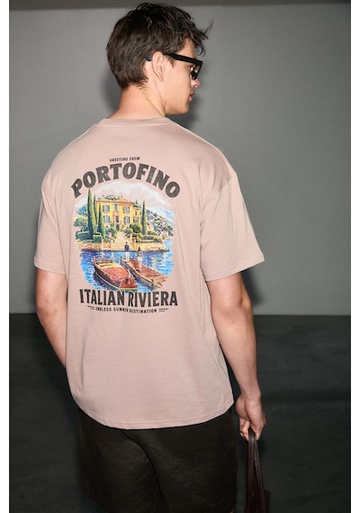 Grımelange Espada Erkek %100 Organik Pamuklu Yuvarlak Yakalı Baskı Detaylı Pudra T-shirt
