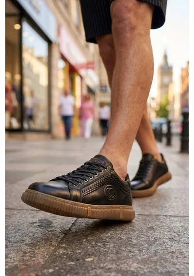 Hakiki Deri Ayakkabı Erkek Sneaker Konforlu Kaymaz Silikon Taban Siyah Siyah