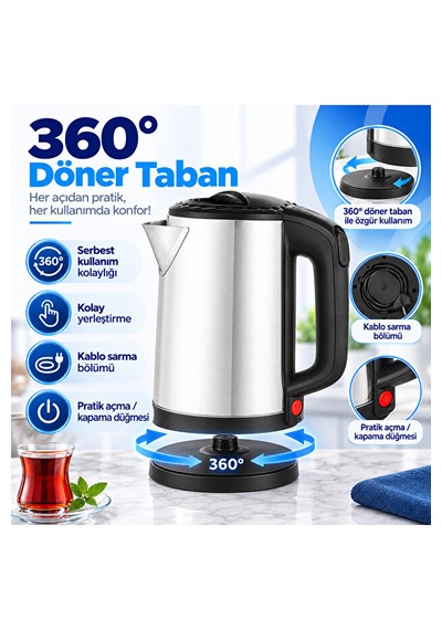 1.8 L Paslanmaz Çelik Elektrikli Su Isıtıcı Kettle 360 Döner Tabanlı Otomatik Kapanmalı Susuz Çalışma Korumalı