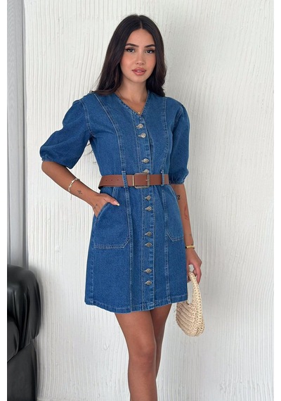 Noa & Noa Kadın Düğmeli Denim Elbise Deri Kemerli & Modern Kesim Mavi