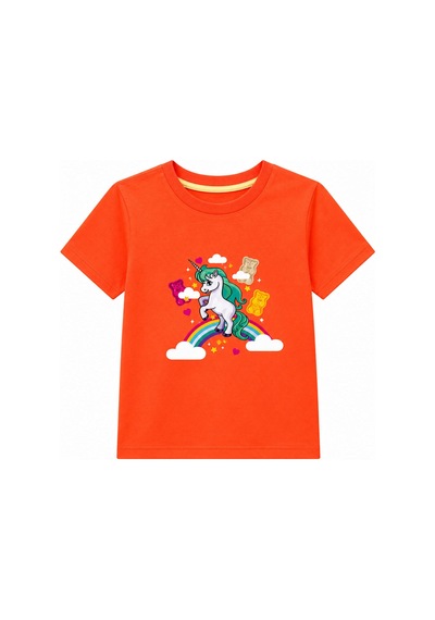 Haribo Lisanslı Unicorn Baskılı Kız Çocuk T-shirt Şort Takım Turuncu