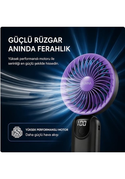 Ayrex Robeve Auhma Aufn19 5 Kademeli Güçlü El Fanı Mini Fan Şarjlı Taşınabilir Mini Vantilatör, Dijital Ekr
