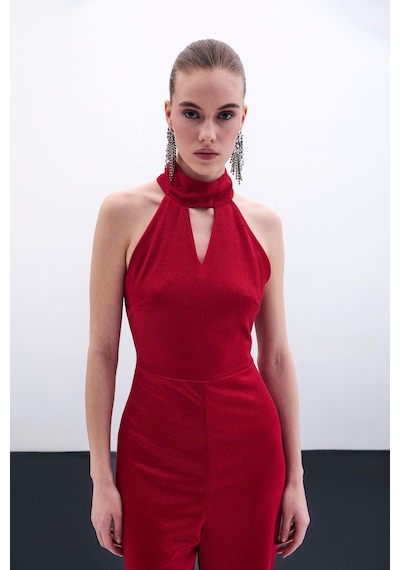 Sateen Kolsuz Parlak Tulum - Kırmızı-135879 Kırmızı