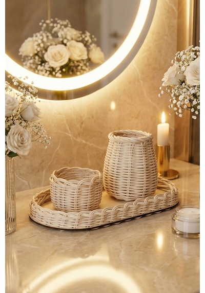 Rattan Banyo Organizer Seti Mermer Tepsi + Hasır Sepet 3'lü Set Krem
