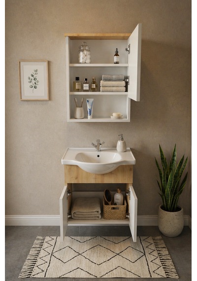 Darende 55cm Seramik Lavabolu Mdf Aynalı Banyo Dolabı Ahşap - Beyaz