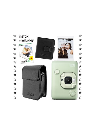 Instax Mini Liplay Hybrid Matcha Green Fotoğraf Makinesi + 20'li Film Albüm + Deri Kılıf Set