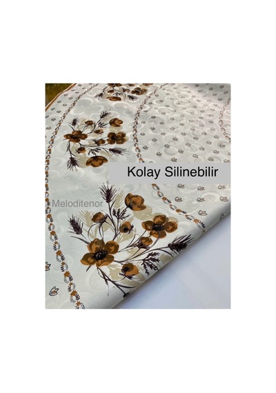 Yuvarlak Gelincik Desen Kaymaz Astarlı Lüks Kolay Silinebilir Pvc Muşamba Masa Örtüsü Kahverengi