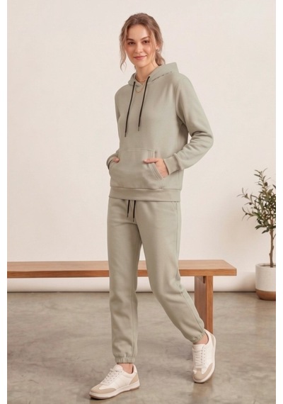Moibody Kadın 3 İplik Şardonlu Eşofman Takımı Premium Kapüşonlu Sweatshirt Ve Jogger Alt Bej Bej