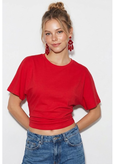 Shade Kadın Beli Büzgülü Bisiklet Yaka T-shirt Öt261003 60283996 - Kırmızı