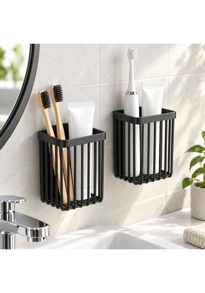 2 Adet Duvara Yapışkanlı Mini Sepet Organizer Diş Fırçası Tarak Kalemlik Çok Amaçlı Banyo Mutfak Ofis Düzenleyici Sepet 8,5 X 8,5 X 11 Cm Siyah