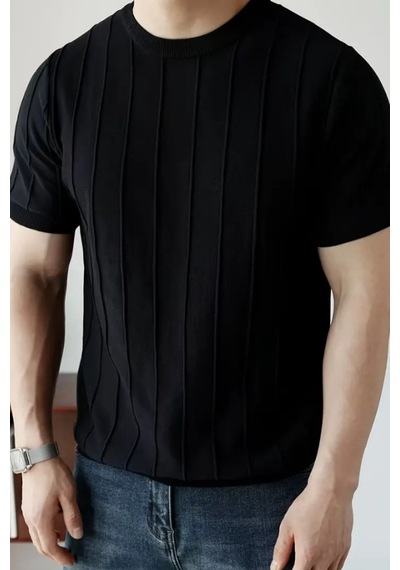 Cool Tarz Canlı Siyah Erkek Yuvarlak Yaka Örme T-shirt Canlı Siyah Canlı Siyah