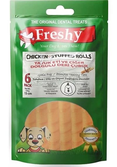 Freshy Chicken Rolls Tavuk Eti Ve Ciğer Dolgulu Deri Çubuk Köpek Ödülü 13 Cm 6 Adet 120 Gr