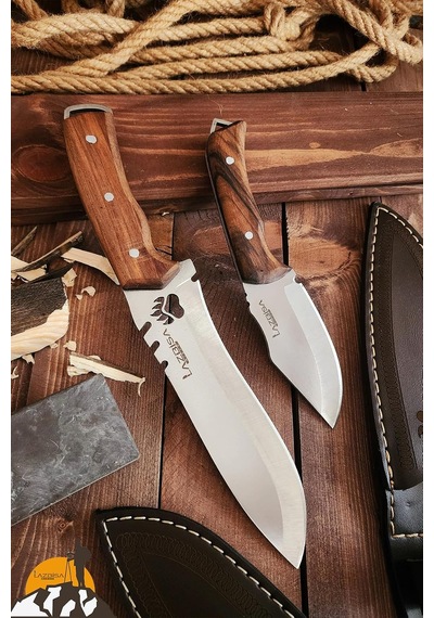 Outdoor Piknik Bıçak 2 Li Set Kamp Bıçağı Çakısı Şef Bıçağı Kılıflı El Yapımı Ceviz Ağacı Sap Diğer