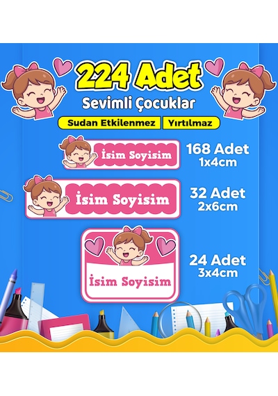 Sevimli Çocuklar Temalı Okul Kreş Kişiye Özel İsim Etiket Seti - Model 618 Çok Renkli