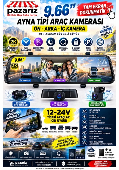 9.66 İnç 3 Kameralı Dikiz Aynası Araç Kamerası 2k Full Hd Dokunmatik Ekran Wifi Gece Görüş Geri Park Kamerası G-sensör Loop Kayıt 12-24v Ticari Araç Uyumlu Türkçe Dil 9.66 İnç 3 Kameralı Dikiz Aynası Araç Kamerası 2k Full Hd Dokunmatik Ekran Wifi Gece Görüş Geri Park Kamerası G-sensör Loop Kayıt 12-24v Ticari Araç Uyumlu Türkçe Dil
