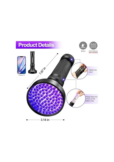 Led 395nm Mor Işık Uv El Feneri - Ultraviyole Siyah Fener - Ev Otel Evcil Hayvan Para Genel