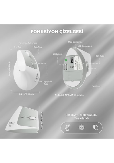 İ300 Kablosuz Ergonomik Dikey Mouse- 84gr-sessiz Tıklama- 57 Açı-16.000 Dpı Diğer