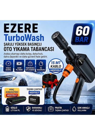 Ezere Turbowash Şarjlı 60 Bar Yüksek Basınçlı Oto Araba Bahçe Yıkama Ve Temizleme Tabancası Makinesi