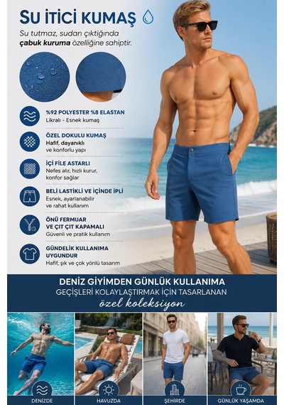 Miami Beach İndigo Su İtici Özellikli Esnek Kumaş Fermaur Ve Çıtçıtlı Erkek Plaj Deniz Şort Mayo // 5001-indigo Miami Beach İndigo Su İtici Özellikli Esnek Kumaş Fermaur Ve Çıtçıtlı Erkek Plaj Deniz Şort Mayo // 5001-indigo