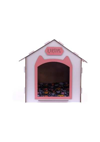 Ahşap Özel İsim Baskılı Dekoratif Kedi Evi-kulübesi, Kediler İçin Kulübe, Kedi Kulübesi Beyaz-pembe