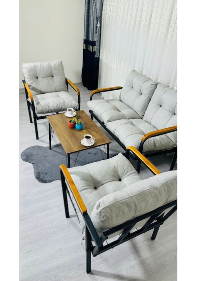 Madame Home Kaktüs Balkon, Bahçe,teras,cafe - Salon - Metal Kanepe Koltuk Takımı - 2 1 1 Sehpa Açık Gri