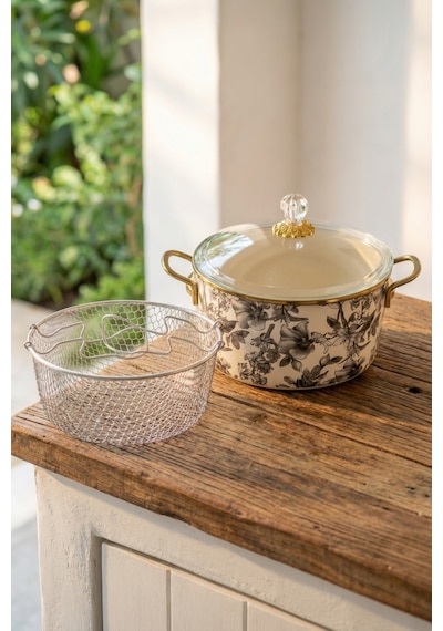 Acar Scottısh Garden 22cm Emaye Kızartma Tencere Xap-10377 Bej