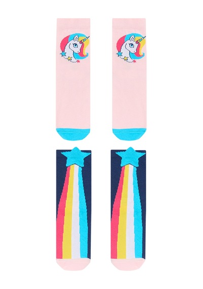 Denokids Kız Çocuk Unicorn ve Yıldız Desenli Pamuklu Pembe 2'li Paket Çorap 2-9 Yaş