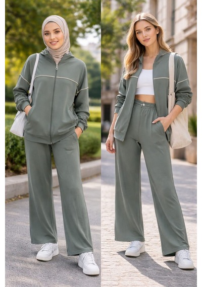 Esra Butik78 Kadın 2 Li Eşofman Takımı Fermuarlı Sweatshirt Ve Bol Paça Alt Rahat Günlük Takım Haki Esra Butik78 Kadın 2 Li Eşofman Takımı Fermuarlı Sweatshirt Ve Bol Paça Alt Rahat Günlük Takım Haki