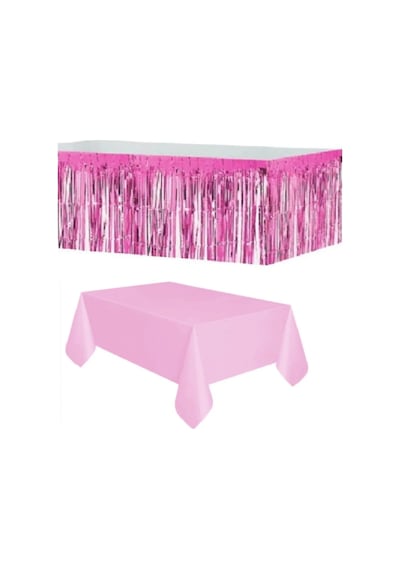 Plastik Pembe Masa Örtüsü - Pembe Metalize Masa Eteği Püskülü