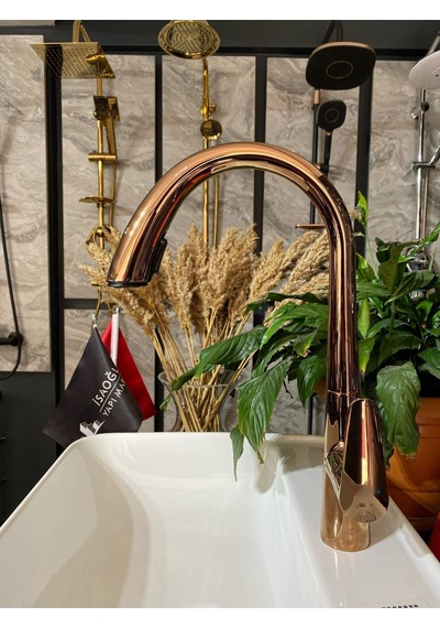İsaoğlu Yapı Bakır Mutfak Bataryası Bronz Evye Musluğu Spiralli Batarya Premium Tasarım Rose Bakır Mutfak Armatür Rose Gold