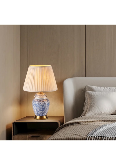 Elea Blue Blanc Desenli Seramik Oturma Odası Salon Abajur Lacivert