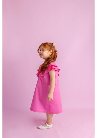 Oliventhekid Volanlı Poplin Kolsuz Ensesi Düğmeli Kız Çocuk Elbise Pembe Pembe