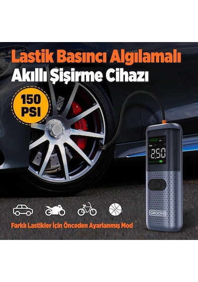 Groove Hcb002 22000mAh 2500A Akü Takviye Cihazı + Lastik Şişirme Kompresörlü Taşınabilir Jump Starter Kompresör+Powerbank+led Lamba+Lcd Ekran